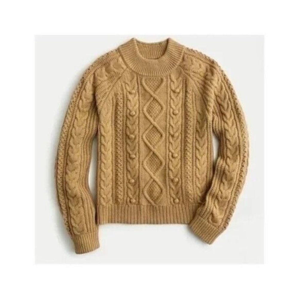 J. Crew Sweater S Azra Cable Knit Pullover Mock Neck Caramel Chunky - Picture 2 of 9